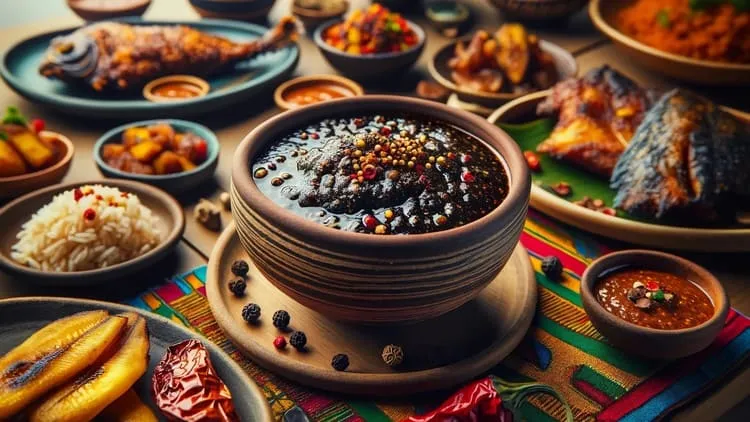 Local Dishes - A traditional Ghanaian feast featuring Shito pepper sauce in a clay pot, surrounded by vibrant dishes and colourful textiles.