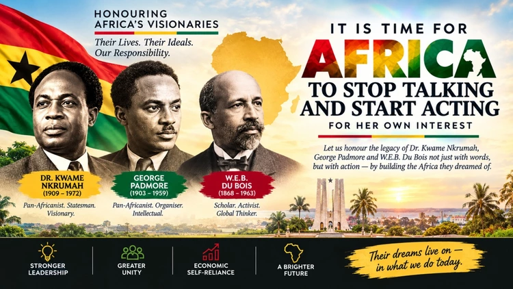 Image of Nkrumah, Padmore and DuBois with a statement to start acting.