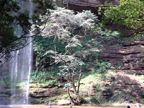 Place to See - Scenic waterfall in Ghana with lush greenery and rocky cliff background.