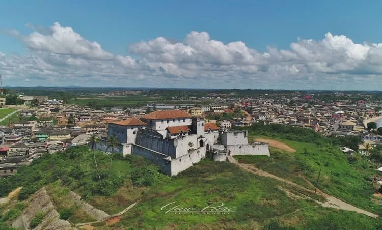 Place to See - A great aerial shot of Fort St. Jago perched on top of a hill overlooking Elmina and used to protect Elmina Castle.