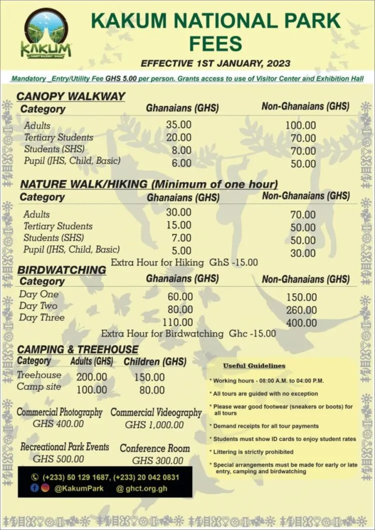 Place to See - The pricing table is published by Kakum National Park every year. This shows the 2023 pricing table.