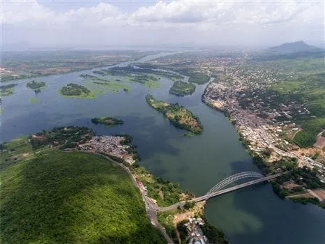 Destinations - Panoramic view of Volta Lake in Ghana with mountains